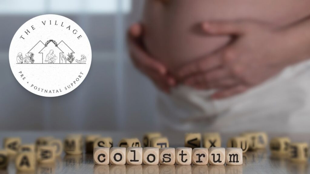 Pregnant mother with the word 'colostrum' representing prenatal education on harvesting colostrum before birth.