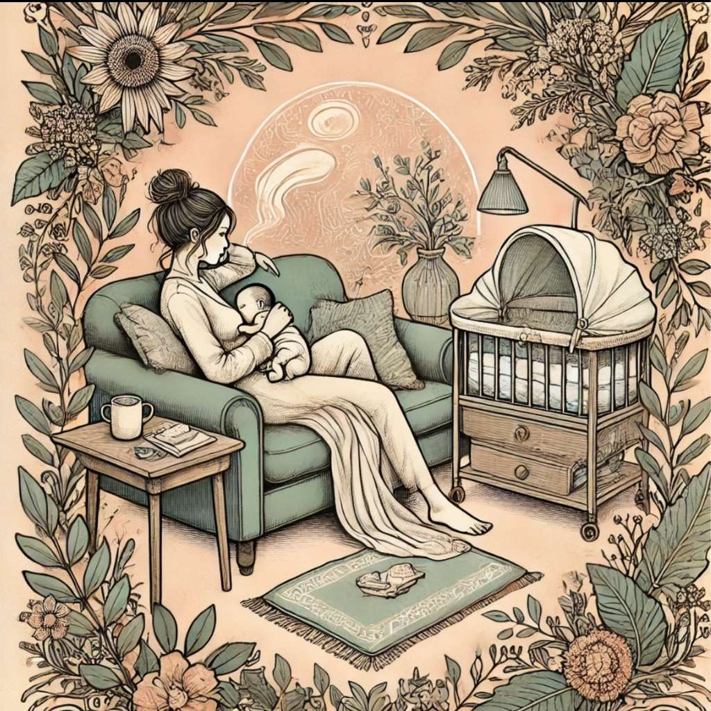 Mom holding her baby in her nursery, she is postpartum and in her fourth trimester. She is receiving expert care from Lactation Consultant and In-Home Nurse at The Village.